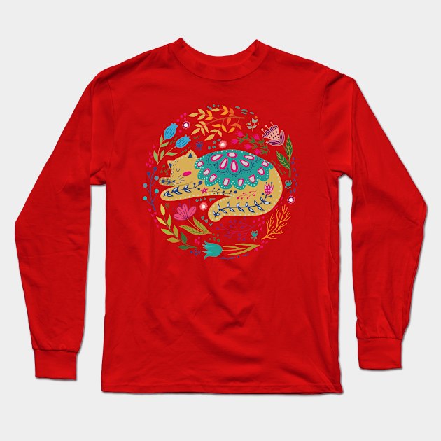 colorful illustration with beautiful cat and flowers #6 Long Sleeve T-Shirt by affane